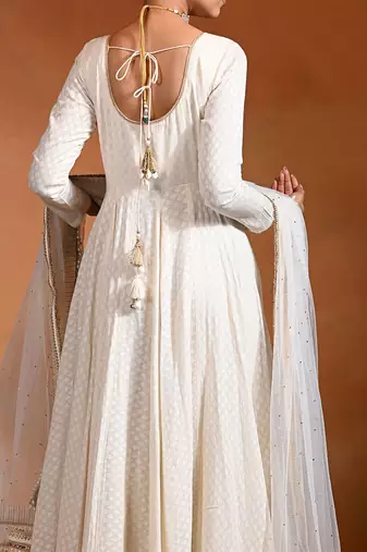 Ivory white embroidered jacquard anarkali set