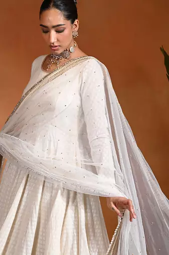 Ivory white embroidered jacquard anarkali set