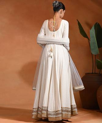 Ivory white embroidered jacquard anarkali set 5
