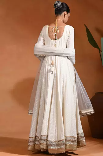 Ivory white embroidered jacquard anarkali set