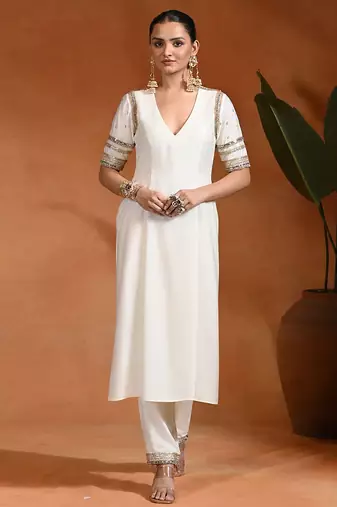 White embroidered chanderi silk kurta set