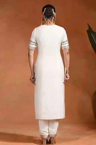 White embroidered chanderi silk kurta set