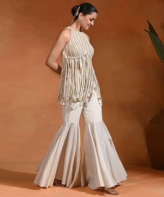 Ivory embroidered cotton jacquard indo western sharara set 2