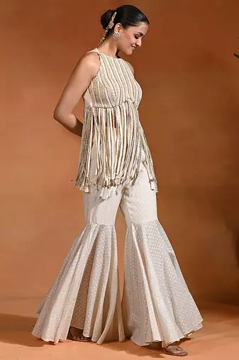 Ivory embroidered cotton jacquard indo western sharara set