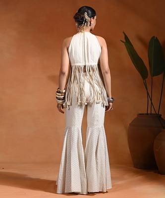 Ivory embroidered cotton jacquard indo western sharara set 3