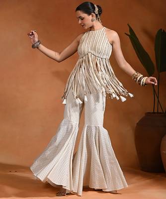 Ivory embroidered cotton jacquard indo western sharara set 4