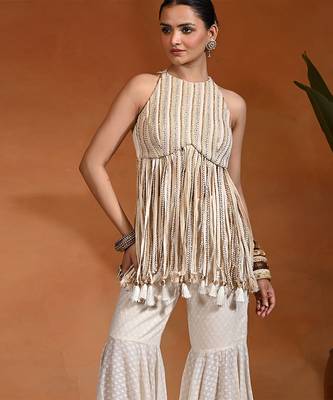 Ivory embroidered cotton jacquard indo western sharara set 5