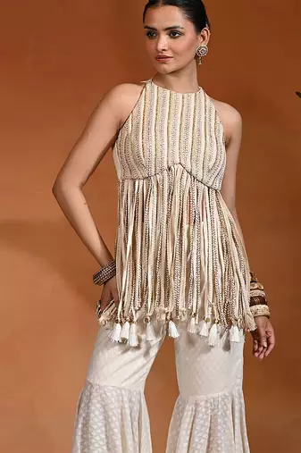 Ivory embroidered cotton jacquard indo western sharara set