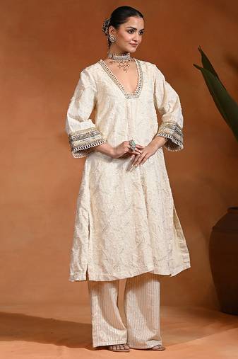 Ivory embroidered lurex jacquard kurta set