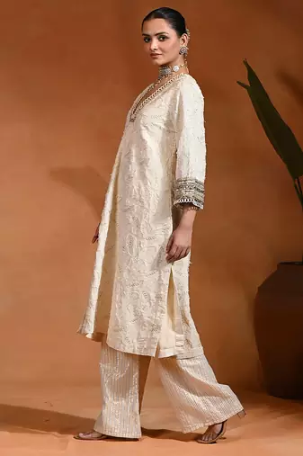 Ivory embroidered lurex jacquard kurta set