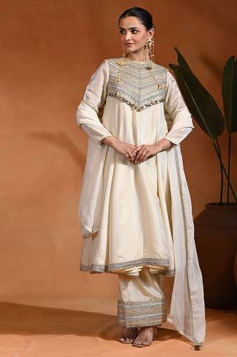 Ivory embroidered tissue silk anarkali set