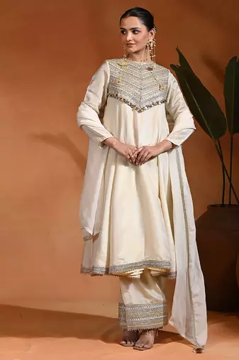 Ivory embroidered tissue silk anarkali set