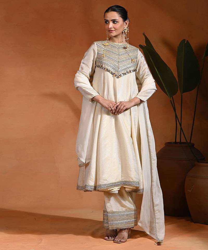 Ivory embroidered tissue silk anarkali set