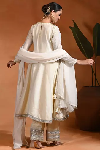 Ivory embroidered tissue silk anarkali set