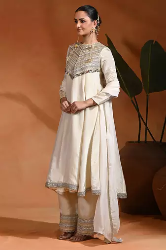 Ivory embroidered tissue silk anarkali set