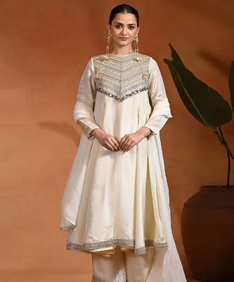 Ivory embroidered tissue silk anarkali set 4
