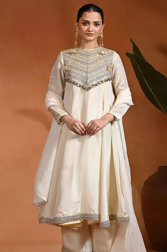 Ivory embroidered tissue silk anarkali set
