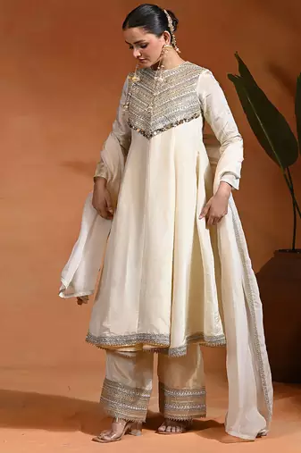 Ivory embroidered tissue silk anarkali set