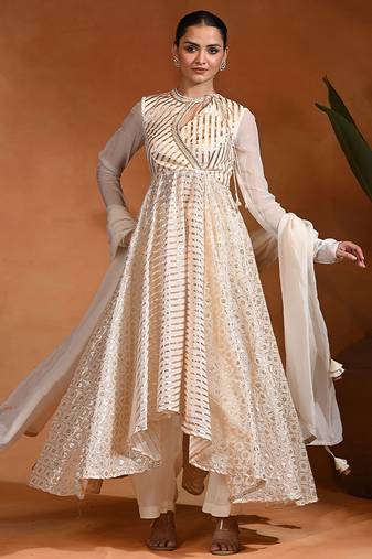 Ivory embroidered badla zari chanderi anarkali set