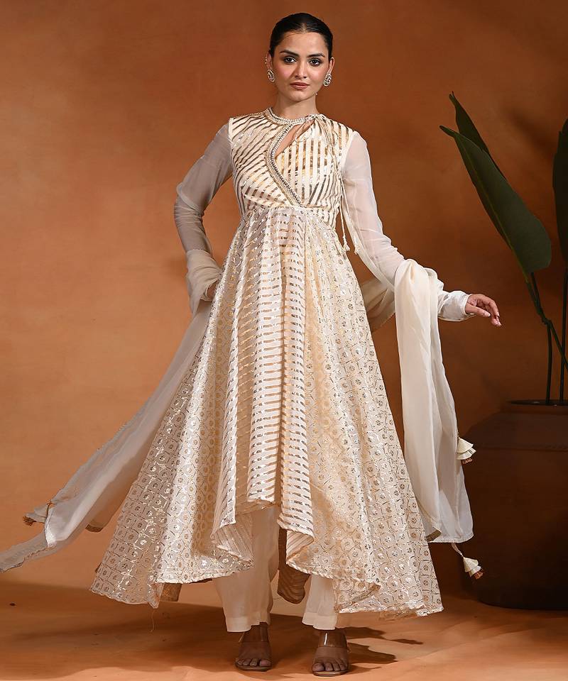Ivory embroidered badla zari chanderi anarkali set