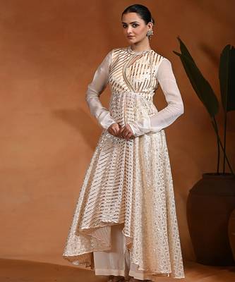 Ivory embroidered badla zari chanderi anarkali set 2