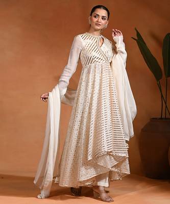 Ivory embroidered badla zari chanderi anarkali set 3