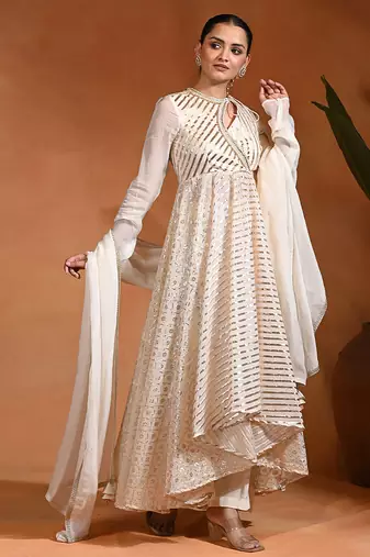 Ivory embroidered badla zari chanderi anarkali set