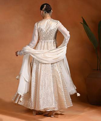 Ivory embroidered badla zari chanderi anarkali set 4