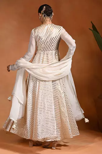 Ivory embroidered badla zari chanderi anarkali set