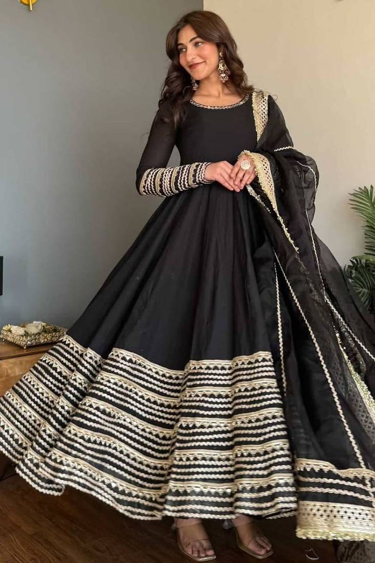 Black rayon gown with embroidery & sequins