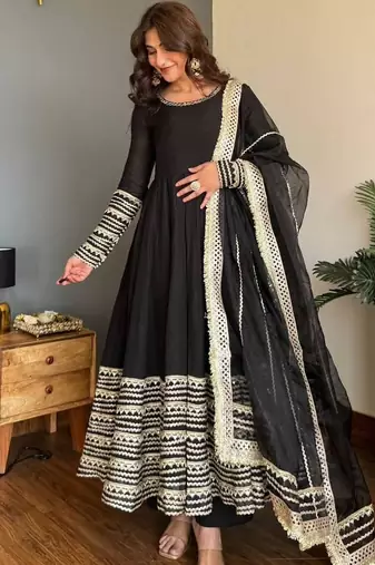 Black rayon gown with embroidery & sequins