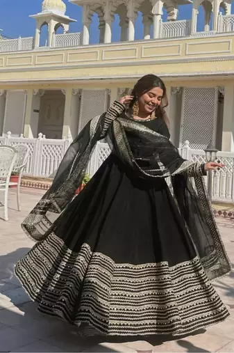 Black rayon gown with embroidery & sequins
