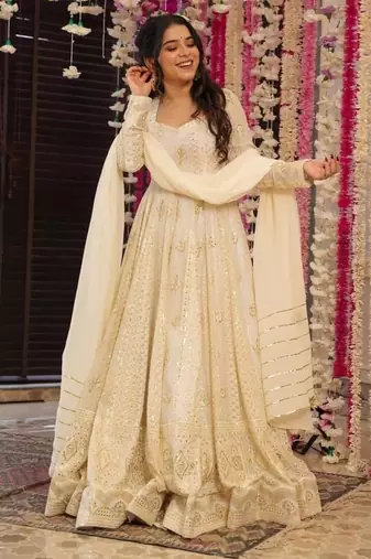 White faux blooming anarkali suit