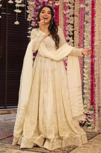 White faux blooming anarkali suit