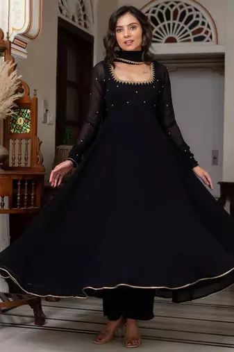 Black blooming suit with heavy zari & moti lace