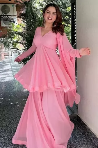 Baby pink faux blooming sharara set with heavy foil work