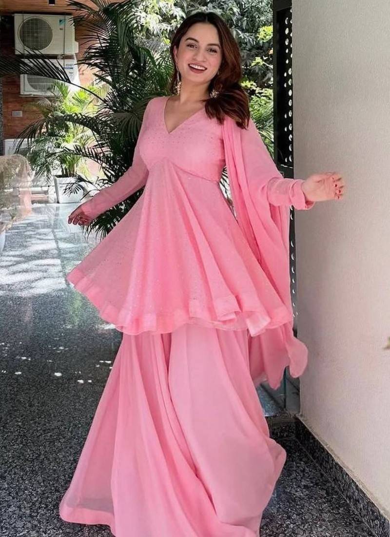Baby pink faux blooming sharara set with heavy foil work