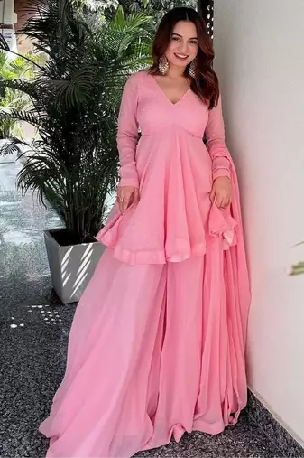 Baby pink faux blooming sharara set with heavy foil work