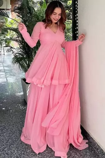 Baby pink faux blooming sharara set with heavy foil work