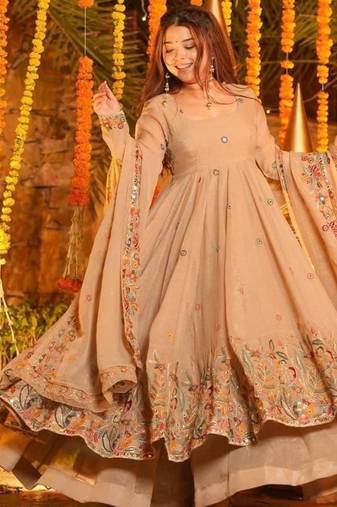 Cream soft crunchy silk royal gown & sharara set with multi sequins