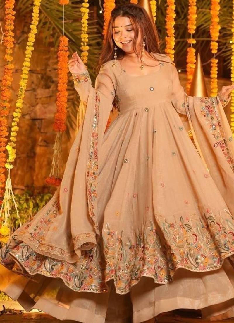 Cream soft crunchy silk royal gown & sharara set with multi sequins