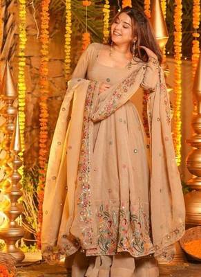 Cream soft crunchy silk royal gown & sharara set with multi sequins 2