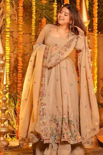 Cream soft crunchy silk royal gown & sharara set with multi sequins