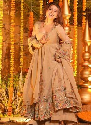 Cream soft crunchy silk royal gown & sharara set with multi sequins 3