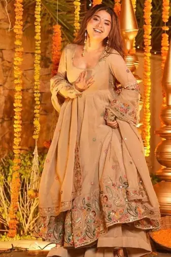 Cream soft crunchy silk royal gown & sharara set with multi sequins