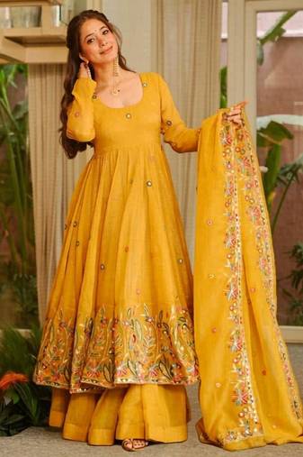Yellow soft crunchy silk gown & sharara set with multi sequins