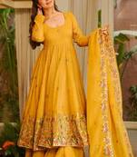 Yellow soft crunchy silk gown & sharara set with multi sequins
