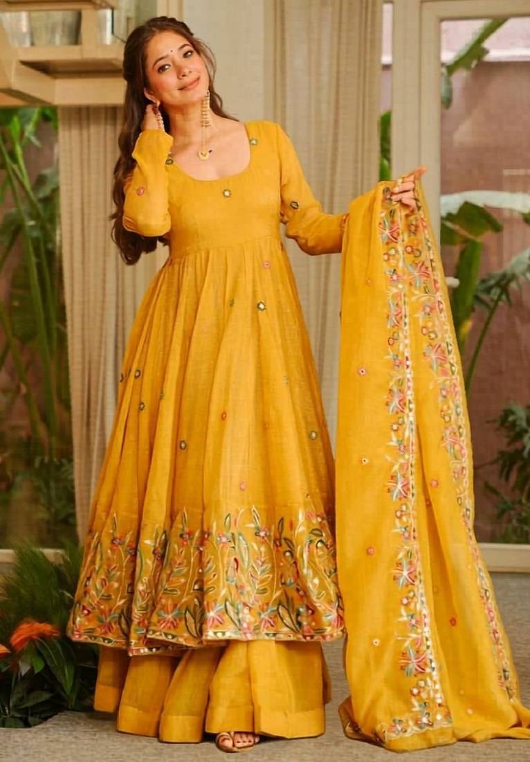 Yellow soft crunchy silk gown & sharara set with multi sequins