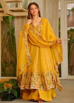 Yellow soft crunchy silk gown & sharara set with multi sequins 2