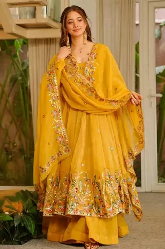 Yellow soft crunchy silk gown & sharara set with multi sequins
